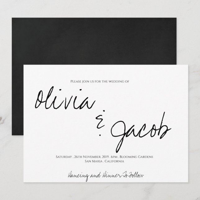 Elegantes, modernes Skript Schwarz & Weiß Hochzeit Einladung (Vorne/Hinten)