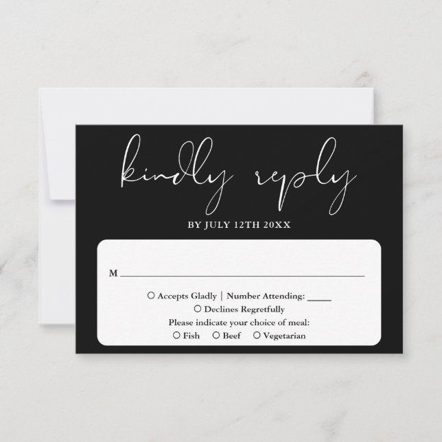 Elegantes, modernes Skript Schwarz-Weiß-Hochzeit RSVP Karte (Vorderseite)