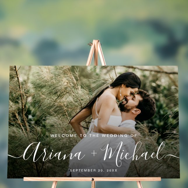 Elegantes, modernes Skriptnamens Custom Foto Weddi Acrylschild (Neutral)