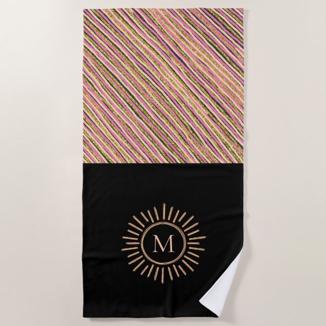 Elegantes, modernes Streifen Monogram Pink Gold Strandtuch (Vorderseite)