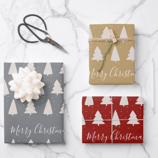 Elegantes, modernes Weihnachtsbaum silberrot Geschenkpapier Set (Vorderseite)