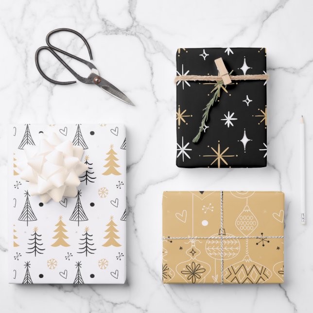 Elegantes, modernes Weihnachtsbaummuster Schwarz-w Geschenkpapier Set (Vorderseite)
