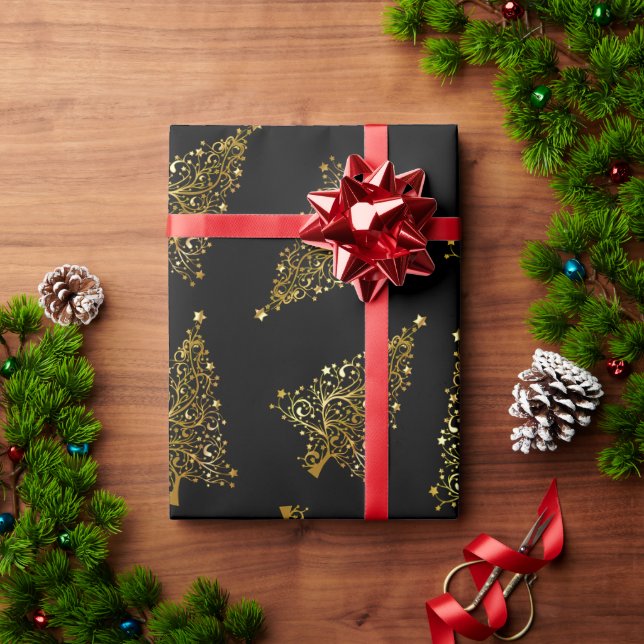 Elegantes, modernes Weihnachtsbaummuster schwarzes Geschenkpapier (Feiertagsgeschenk)