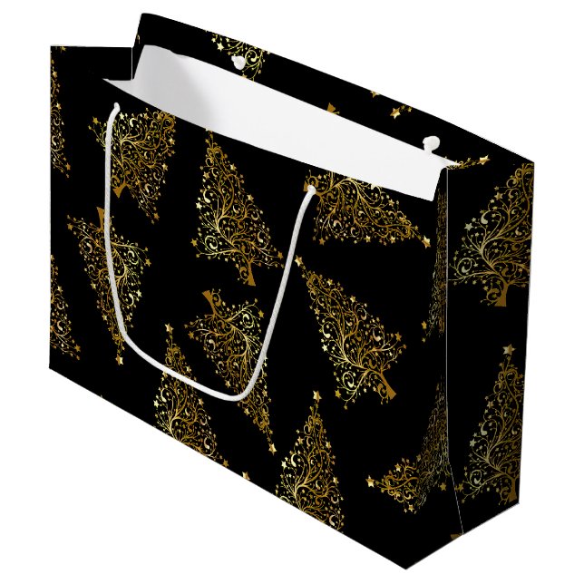 Elegantes, modernes Weihnachtsbaummuster schwarzes Große Geschenktüte (Vorderseite Schrägansicht)