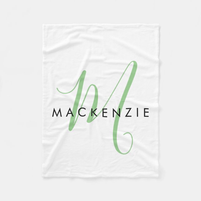 Elegantes modernes weiß-grünes Skript-Monogramm Fleecedecke (Vorderseite)