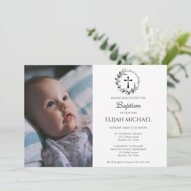 Elegantes, modernes Weißes Foto - Taufe Einladung (Stehend Vorderseite)