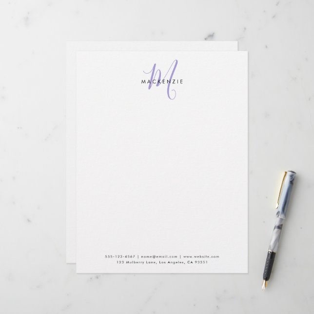 Elegantes modernes weißes Lavendel-Script-Monogram Briefbogen (Vorderseite/Rückseite Beispiel)