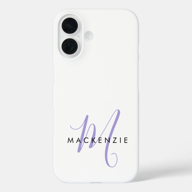 Elegantes modernes weißes Lavendel-Script-Monogram iPhone 16 Hülle (Rückseite)