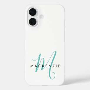 Elegantes modernes weißes Teal-Schriftmonogramm iPhone 16 Hülle