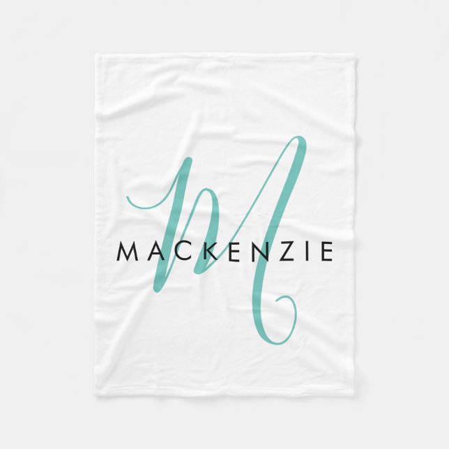 Elegantes modernes weißes Teal-Script-Monogramm Fleecedecke (Vorderseite)