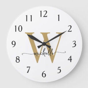 Elegantes modernes weißgoldenes Monogramm-Namenssc Große Wanduhr