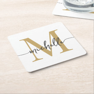 Elegantes modernes weißgoldenes Monogramm Namenssc Rechteckiger Pappuntersetzer