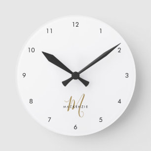 Elegantes modernes weißgoldenes Schriftmonogramm Runde Wanduhr