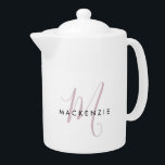 Elegantes, modernes White Blush Pink Script Monogr<br><div class="desc">Eleganter,  moderner weißer Rosa-Script Monogram Teapot. Ein elegantes Rosa-Skript-Monogramm kombiniert mit einem schwarzen San-Serif-Schriftart sorgt für ein zeitgemäßes Aussehen.</div>