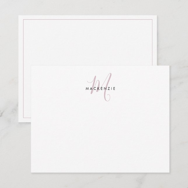Elegantes, modernes White Blush Pink Script Monogr Mitteilungskarte (Vorne/Hinten)
