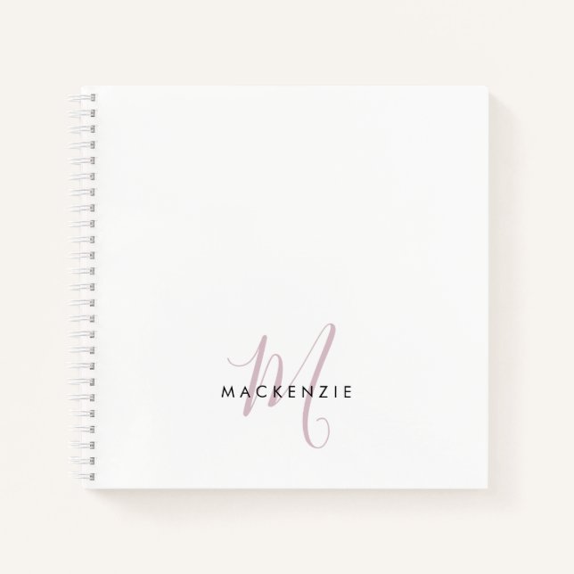 Elegantes, modernes White Blush Pink Script Monogr Notizbuch (Vorderseite)