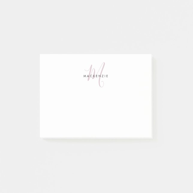 Elegantes, modernes White Blush Pink Script Monogr Post-it Klebezettel (Vorderseite)