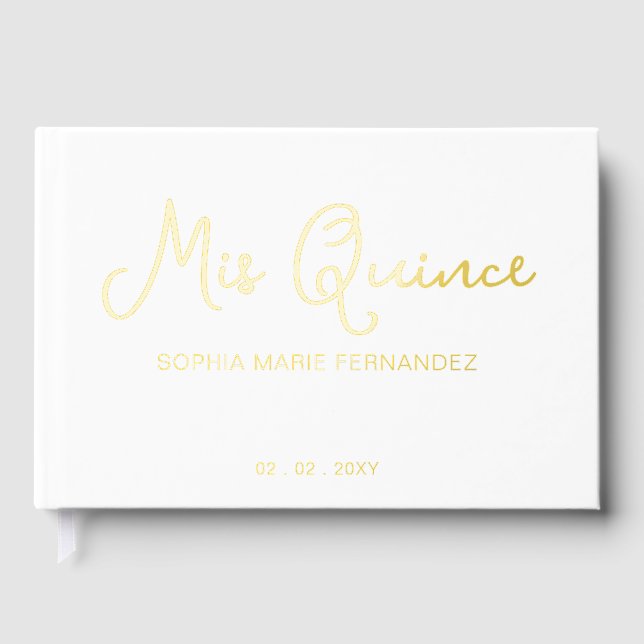Elegantes, modernes White Gold Foto Quinceañera Gästebuch (Vorderseite)