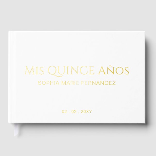 Elegantes, modernes White Gold Foto Quinceañera Gästebuch (Vorderseite)