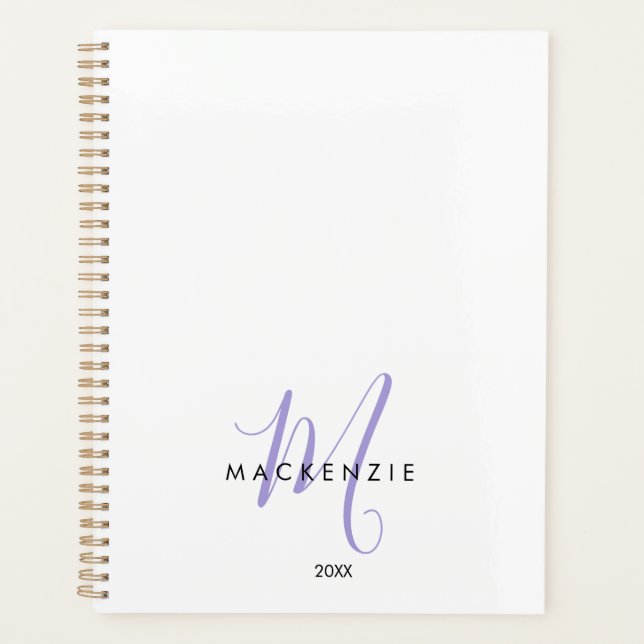 Elegantes, modernes White Lavender Script Monogram Planer (Vorderseite)