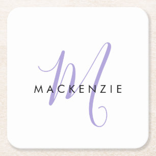 Elegantes, modernes White Lavender Script Monogram Rechteckiger Pappuntersetzer