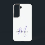 Elegantes, modernes White Lavender Script Monogram Samsung Galaxy Hülle<br><div class="desc">Elegante moderne White Lavender Script Monogram Phone Case. Ein elegantes Lavender-Script-Monogramm kombiniert mit einem sauberen schwarzen San-Serif-Schriftart verleiht dem Ganzen einen zeitgemäßen Look.</div>