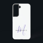 Elegantes, modernes White Lavender Script Monogram Samsung Galaxy Hülle<br><div class="desc">Elegante moderne White Lavender Script Monogram Phone Case. Ein elegantes Lavender-Script-Monogramm kombiniert mit einem sauberen schwarzen San-Serif-Schriftart verleiht dem Ganzen einen zeitgemäßen Look.</div>