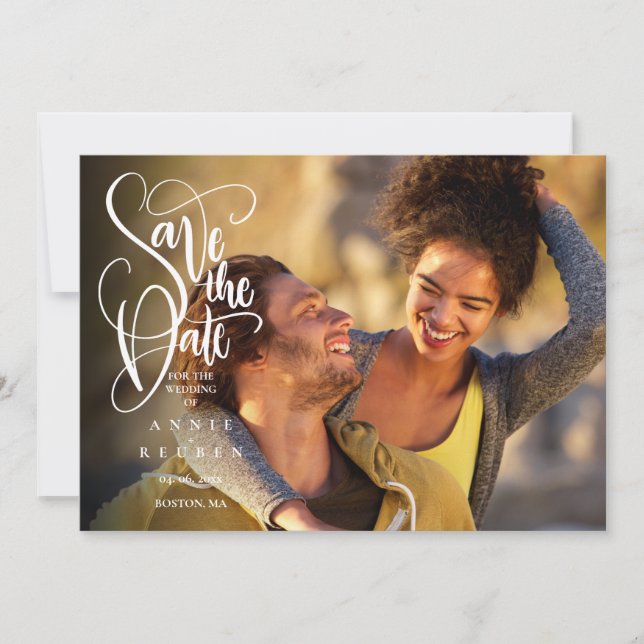 Elegantes, modernes White Script-Foto Save the Dat Save The Date (Vorderseite)