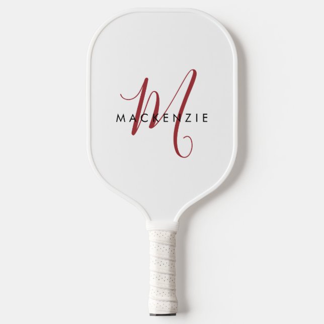 Elegantes, modernes White Script Monogram Pickleball Schläger (Vorderseite)