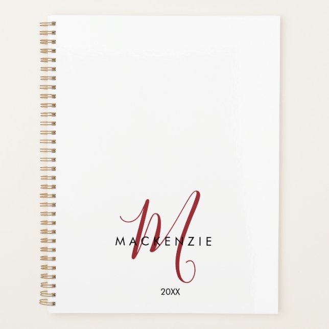 Elegantes, modernes White Script Monogram Planer (Vorderseite)