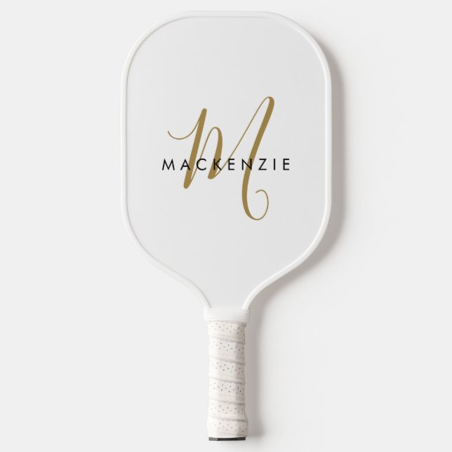 Elegantes, modernes White-Script-Monogramm Pickleball Schläger (Vorderseite)