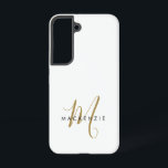 Elegantes, modernes White-Script-Monogramm Samsung Galaxy Hülle<br><div class="desc">Elegant Modern White Gold Script Monogram Phone Case. Ein elegantes Goldskriptmonogramm kombiniert mit einem sauberen schwarzen San-Serif-Schriftart verleiht dem Ganzen einen zeitgemäßen Look.</div>