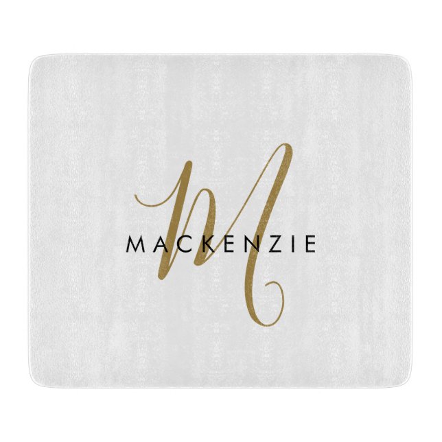 Elegantes, modernes White-Script-Monogramm Schneidebrett (Vorderseite)