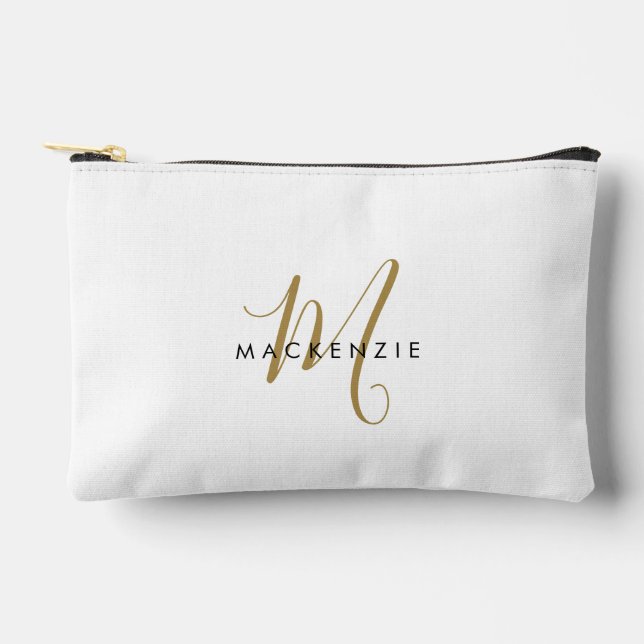 Elegantes, modernes White-Script-Monogramm Zubehörtasche (Vorderseite)