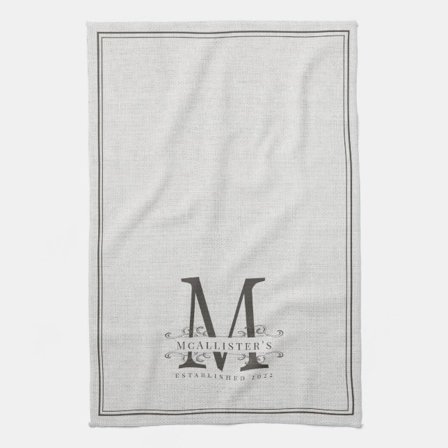 Elegantes Mongram Linen Family Gründungsjahr Geschirrtuch (Vertikal)