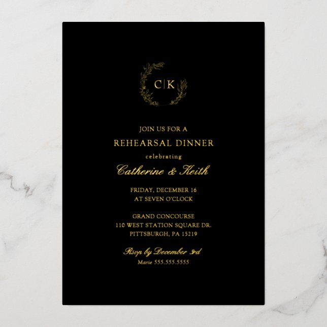 Elegantes Mongram Probe Dinner Folieneinladung (Vorderseite)