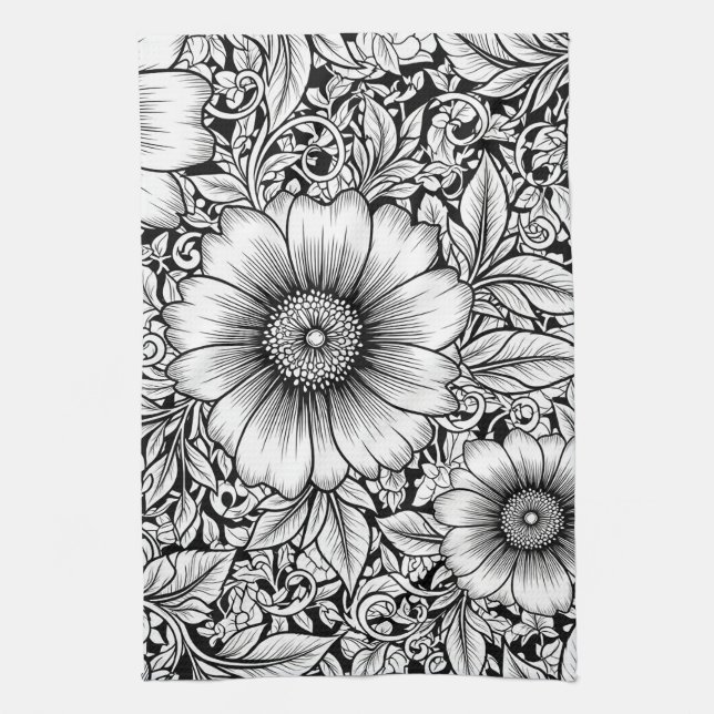 Elegantes monochromes Blumenluxus-Muster (7) Geschirrtuch (Vertikal)