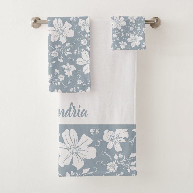 elegantes monochromes Blumenmuster blau grau Badhandtuch Set (Insitu)