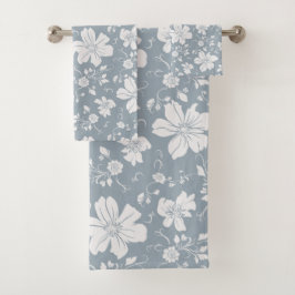 elegantes monochromes Blumenmuster blau grau Badhandtuch Set