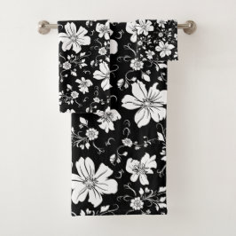 elegantes monochromes Blumenmuster Schwarz-weiß Badhandtuch Set