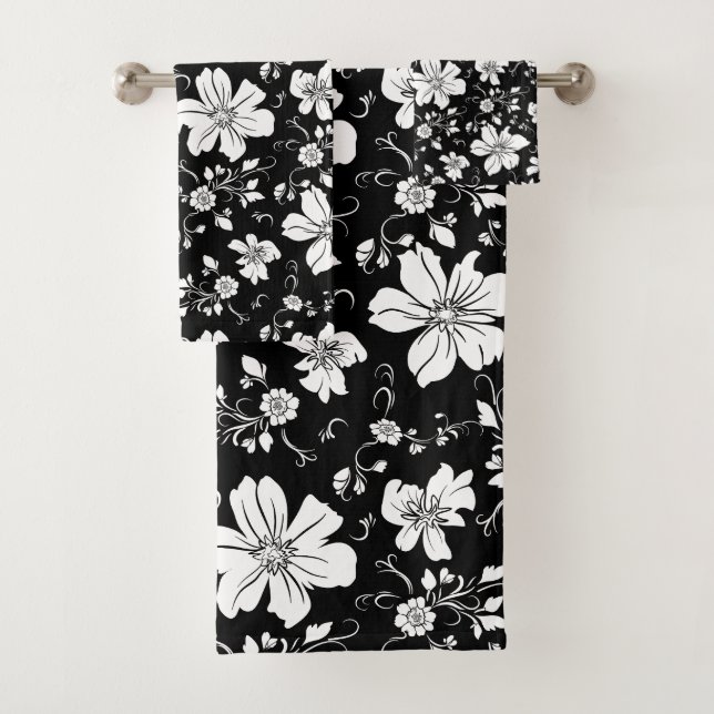 elegantes monochromes Blumenmuster Schwarz-weiß Badhandtuch Set (Insitu)