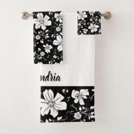 elegantes monochromes Blumenmuster Schwarz-weiß Badhandtuch Set