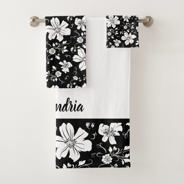 elegantes monochromes Blumenmuster Schwarz-weiß Badhandtuch Set (Insitu)