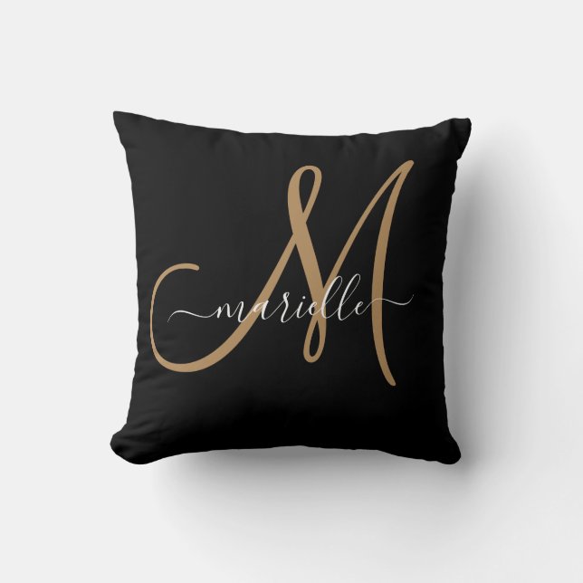 Elegantes Monogram Black Gold Name Throw Pillow Kissen (Vorderseite)