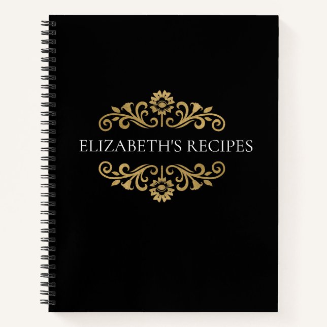 Elegantes Monogram Black Gold Rezept Cookbook Notizbuch (Vorderseite)