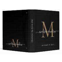 Elegantes Monogram Black Gold Script Wedding Album