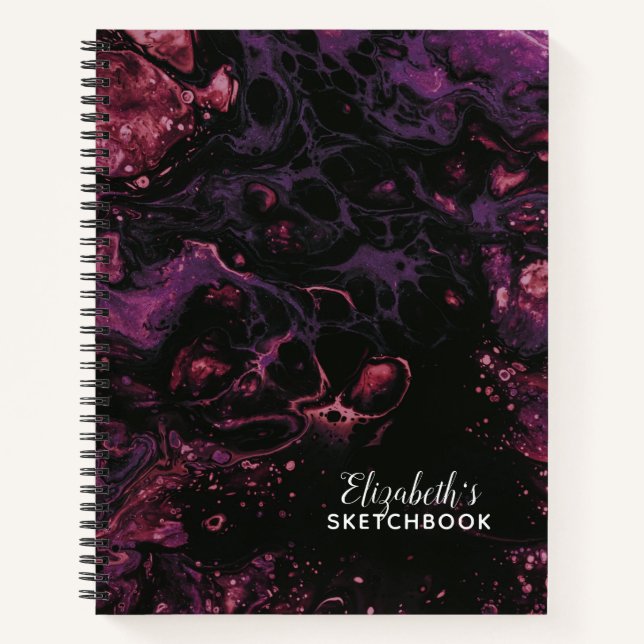 Elegantes Monogram Black Lila Marble Sketchbook Notizbuch (Vorderseite)