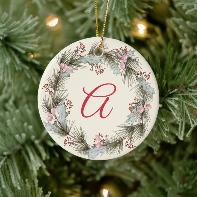 Elegantes Monogram Christmas Wreath Family Foto Keramik Ornament (Baum)