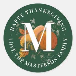Elegantes Monogram Fall Harvest Happy Thanksgiving Runder Aufkleber