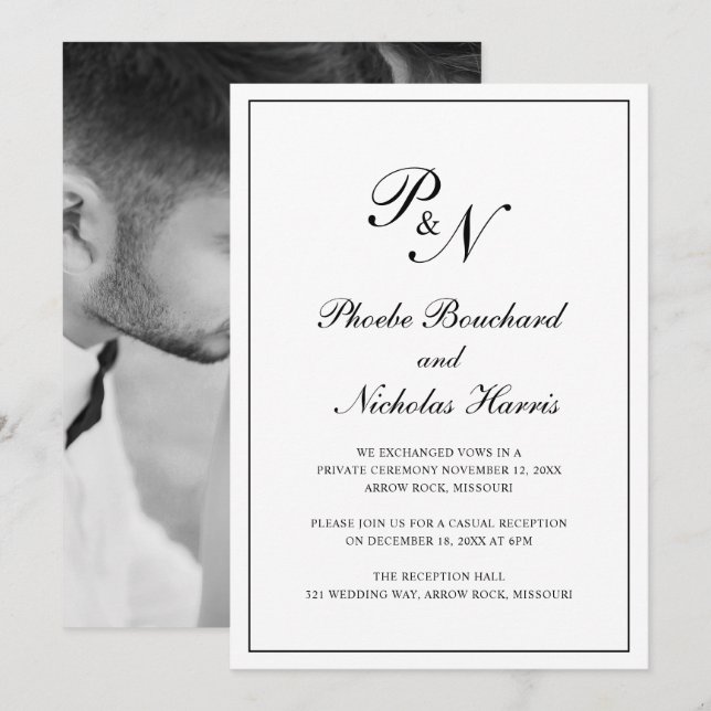 Elegantes Monogram Foto formale Hochzeitsempfehlun Einladung (Vorne/Hinten)